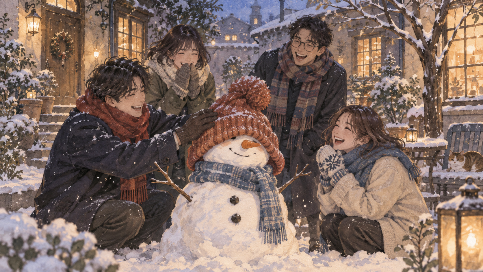 雪だるまを囲んで笑い合う仲間たち