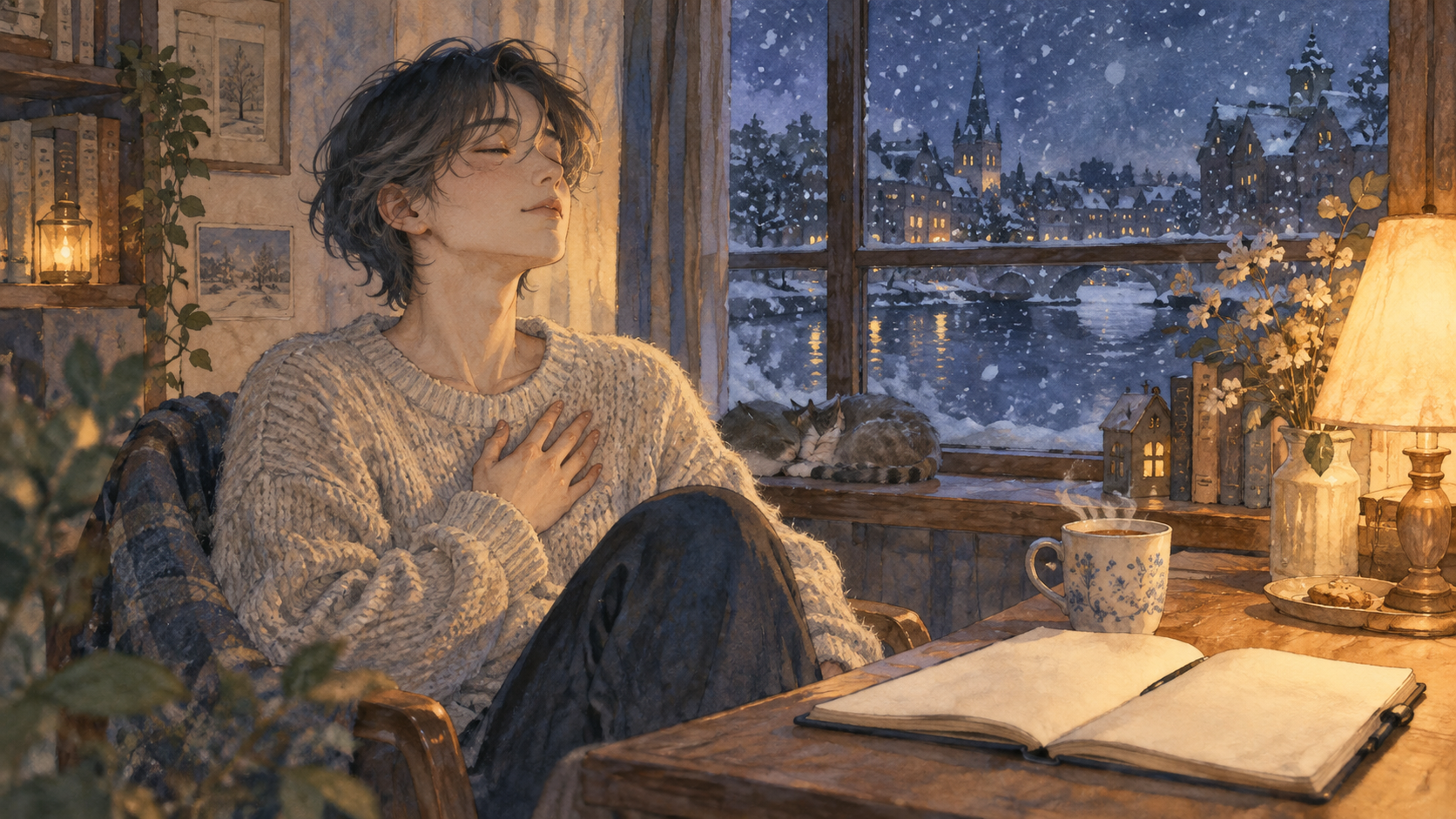 雪の夜、窓辺で胸に手を当てて自分の思いを見つめる人